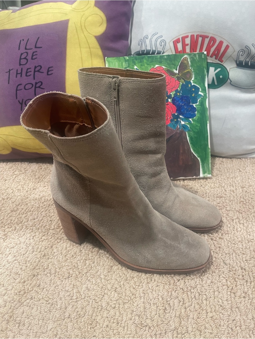 Suede Mid-Calf Heel Boots - Taupe